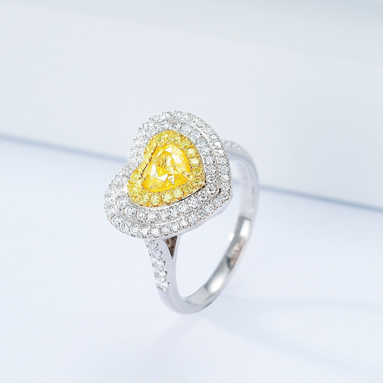 Heart Shaped Yellow Diamond Lux Halo Engagement Ring with Pavé Setting -Side Angle