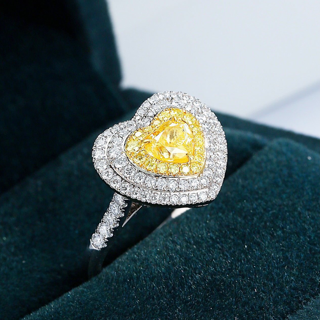 Heart Shaped Yellow Diamond Lux Halo Engagement Ring with Pavé Setting -Perspective Close-up