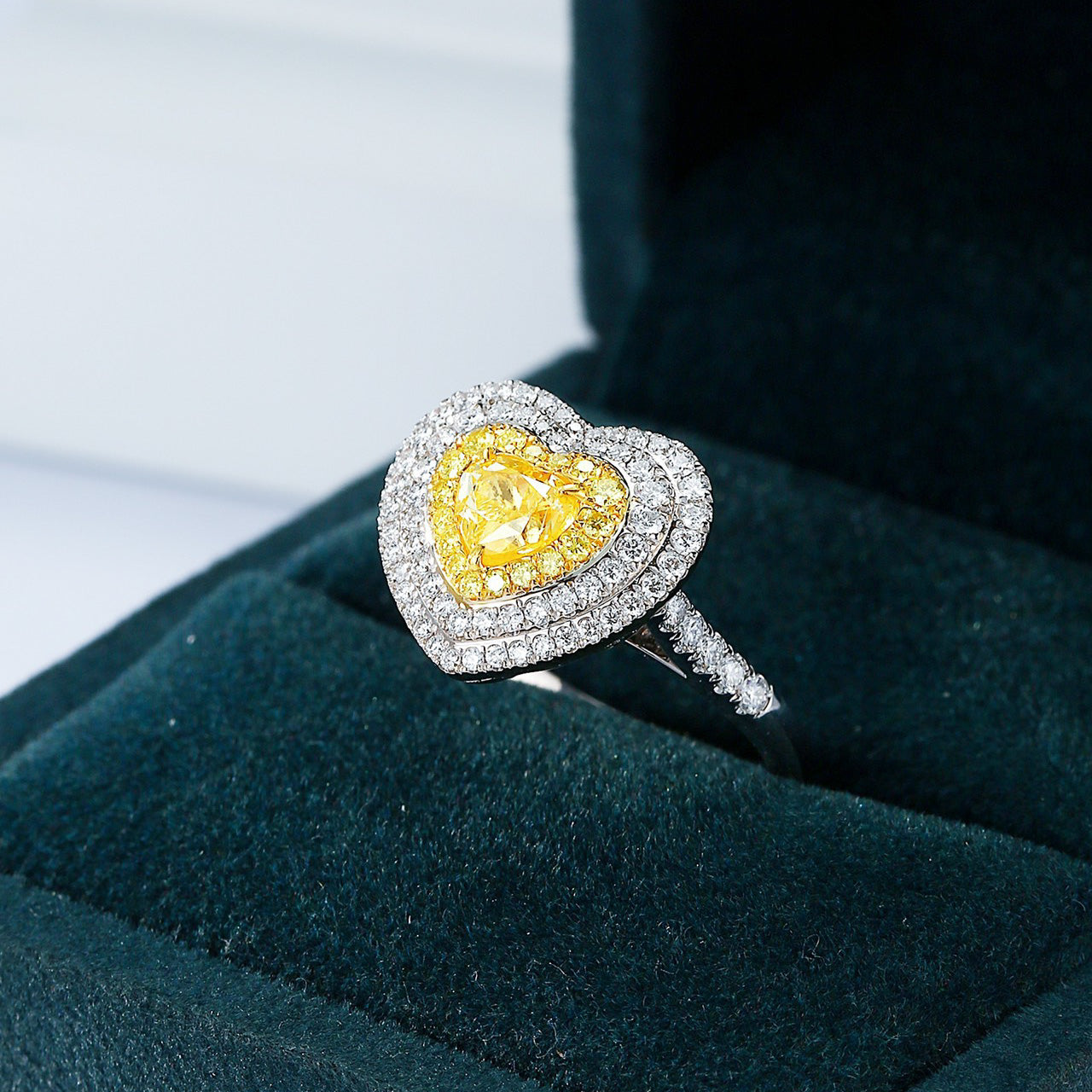 Heart Shaped Yellow Diamond Lux Halo Engagement Ring with Pavé Setting -In-Box Display