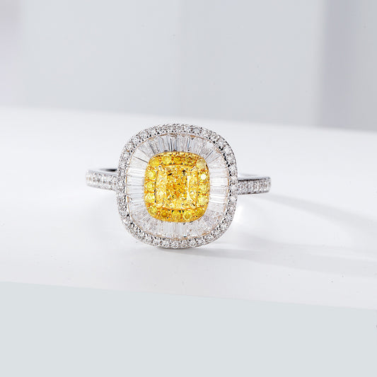 Cushion Cut Yellow Diamond with Baguette Halo Pavé Engagement Ring