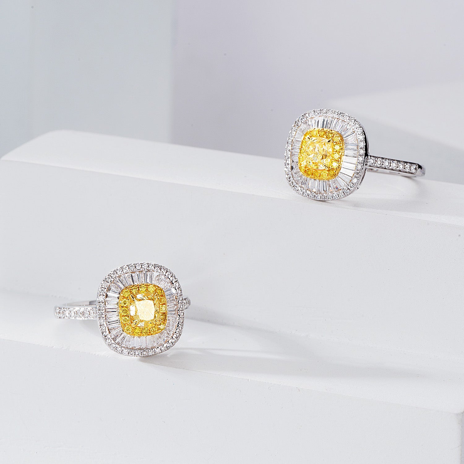Cushion Cut Yellow Diamond with Baguette Halo Pavé Engagement Ring -Top View