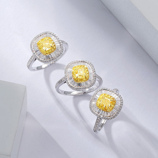 Cushion Cut Yellow Diamond with Baguette Halo Pavé Engagement Ring