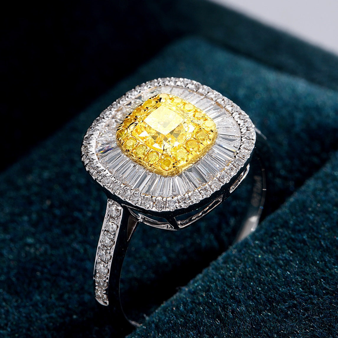 Cushion Cut Yellow Diamond with Baguette Halo Pavé Engagement Ring -Perspective Close-up