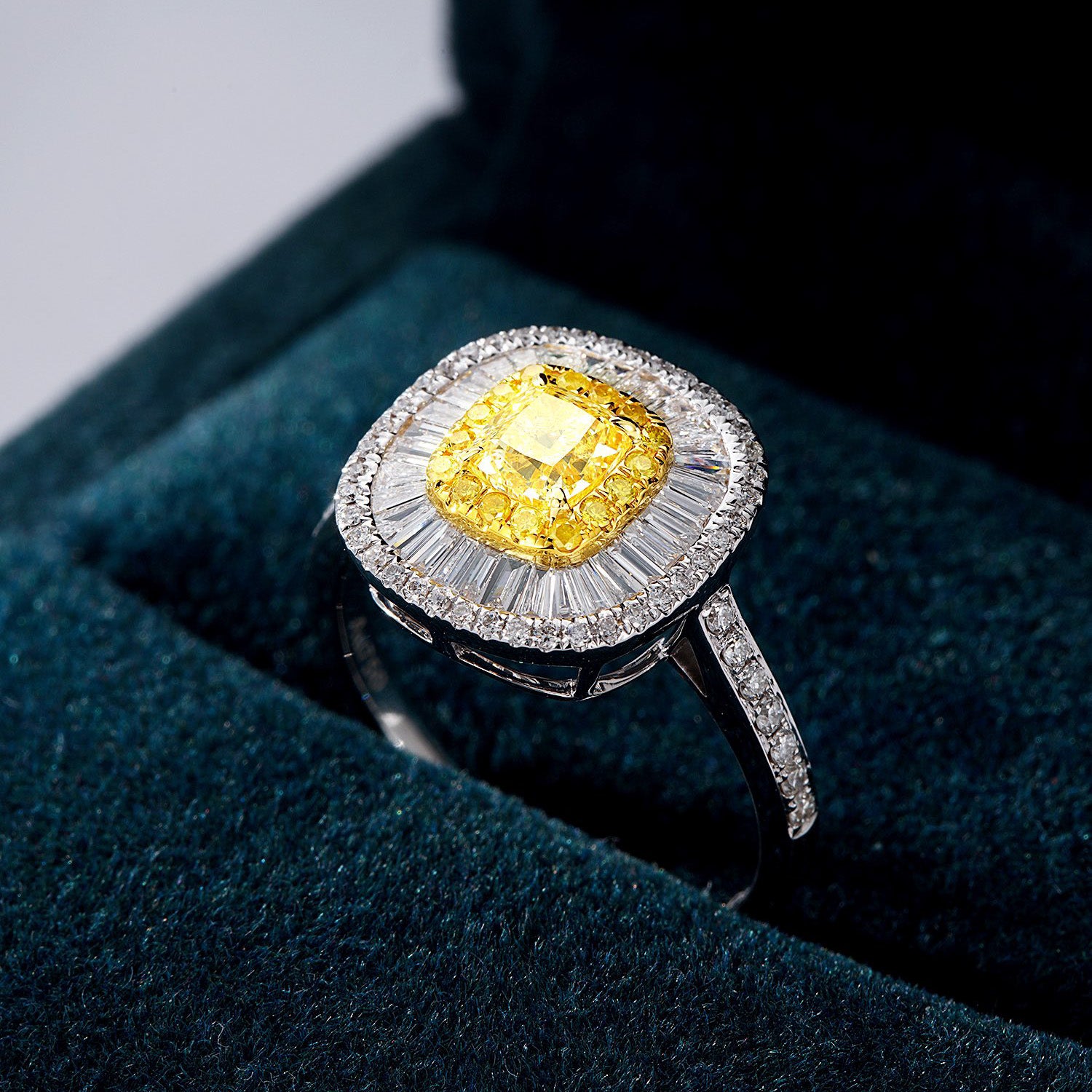 Cushion Cut Yellow Diamond with Baguette Halo Pavé Engagement Ring -In-Box Display
