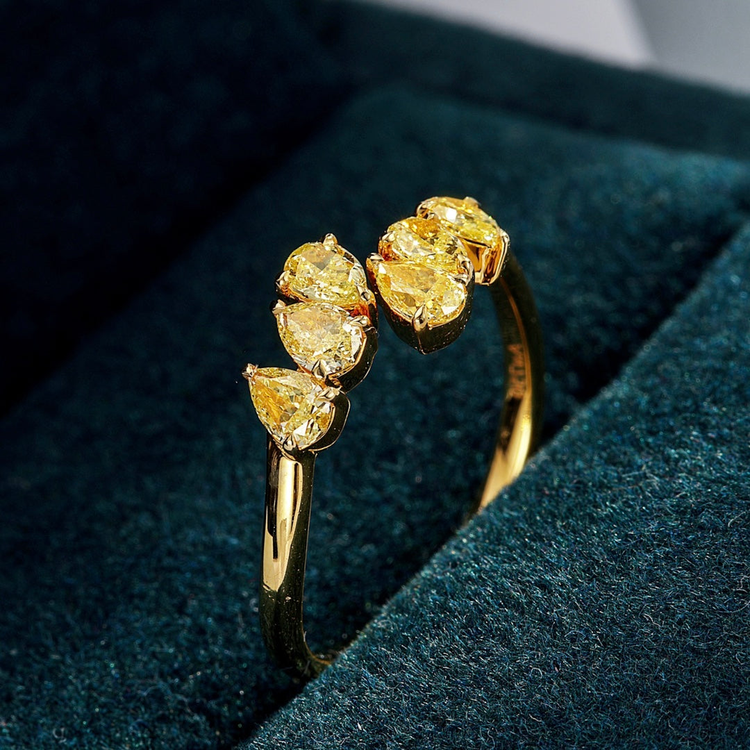 Yellow Diamond Cuff Ring with Pear Shaped Stones -Perspective Close-up