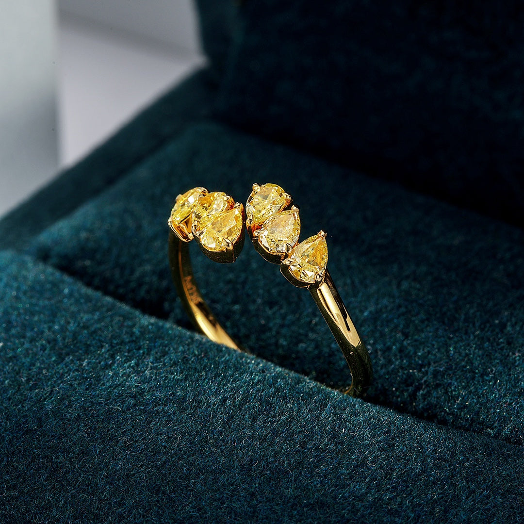Yellow Diamond Cuff Ring with Pear Shaped Stones -In-Box Display