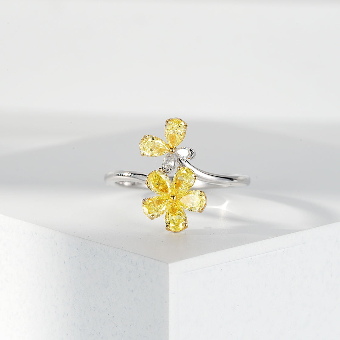 Yellow Diamond Floral Design Ring with Pear Shaped Petals -Front View