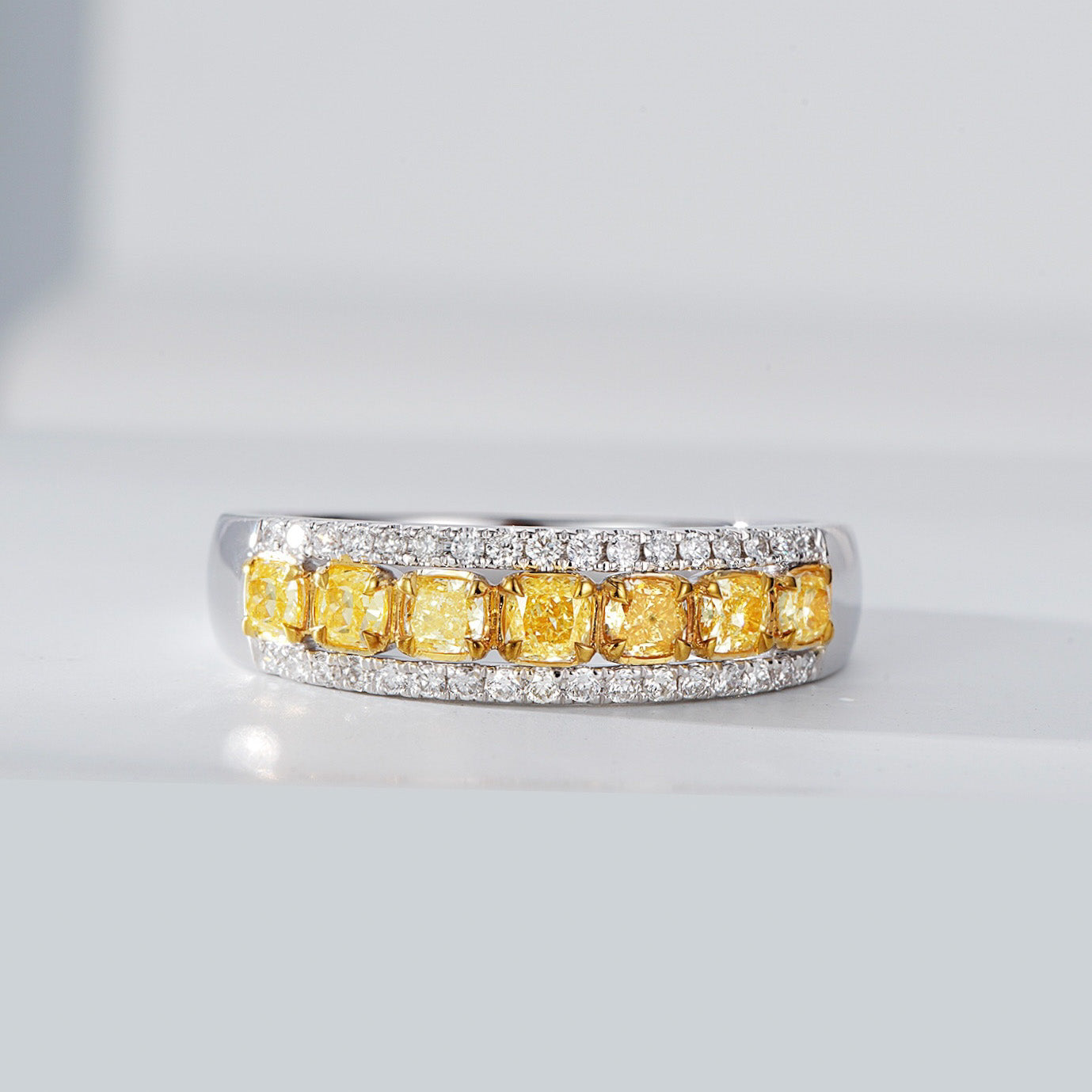 Yellow Diamond Channel Set Ring with White Diamond Accents -Front View