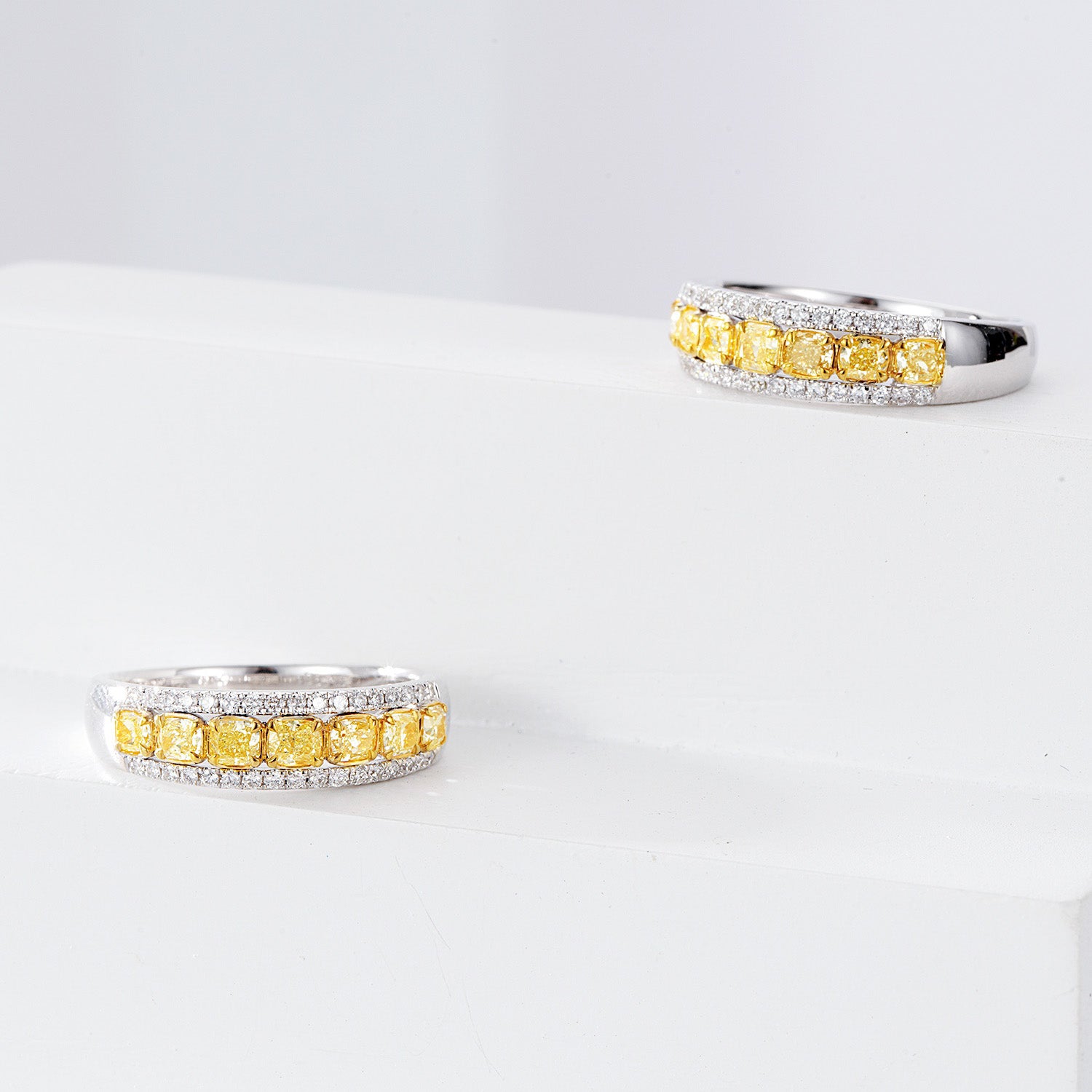 Yellow Diamond Channel Set Ring with White Diamond Accents -Top View