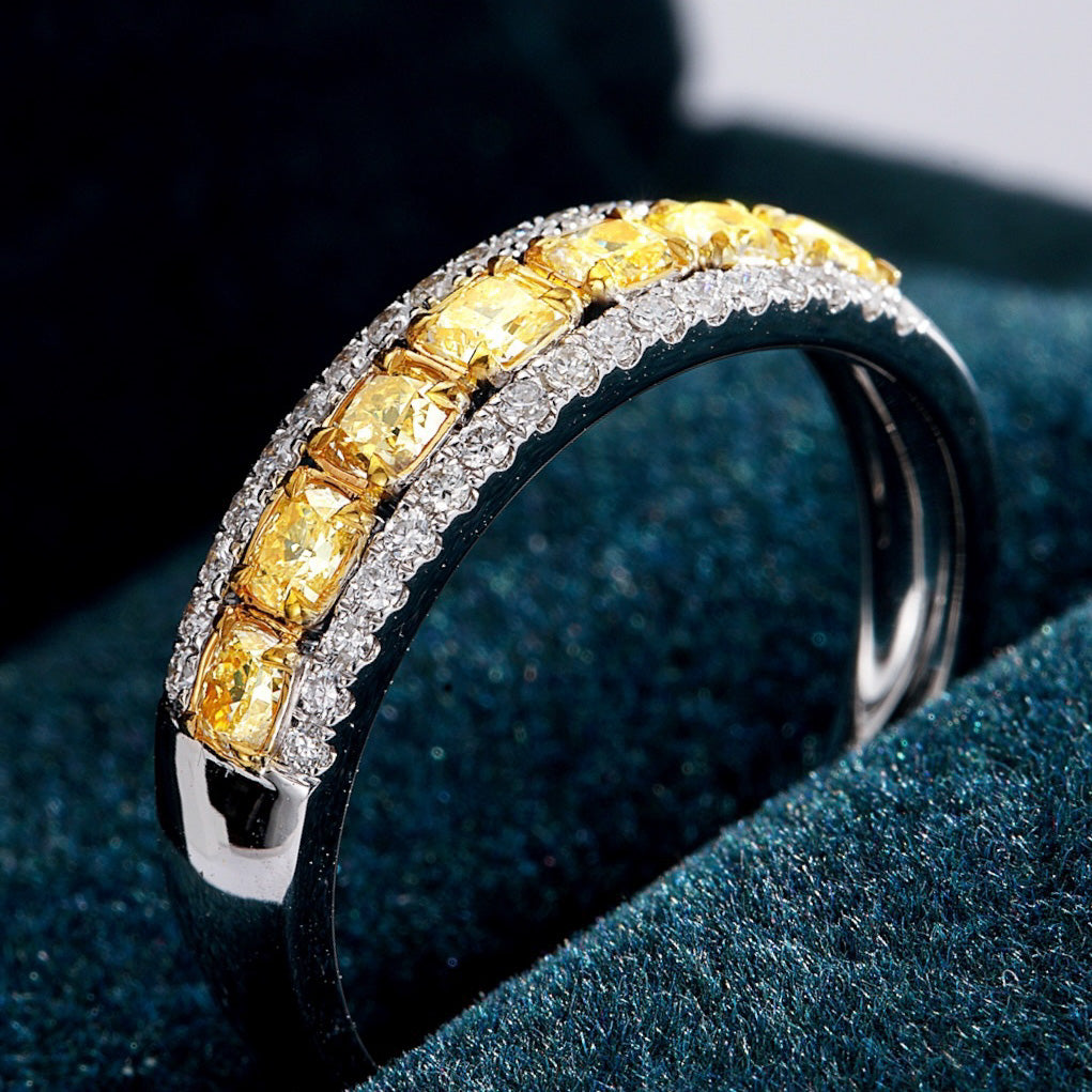 Yellow Diamond Channel Set Ring with White Diamond Accents -Perspective Close-up