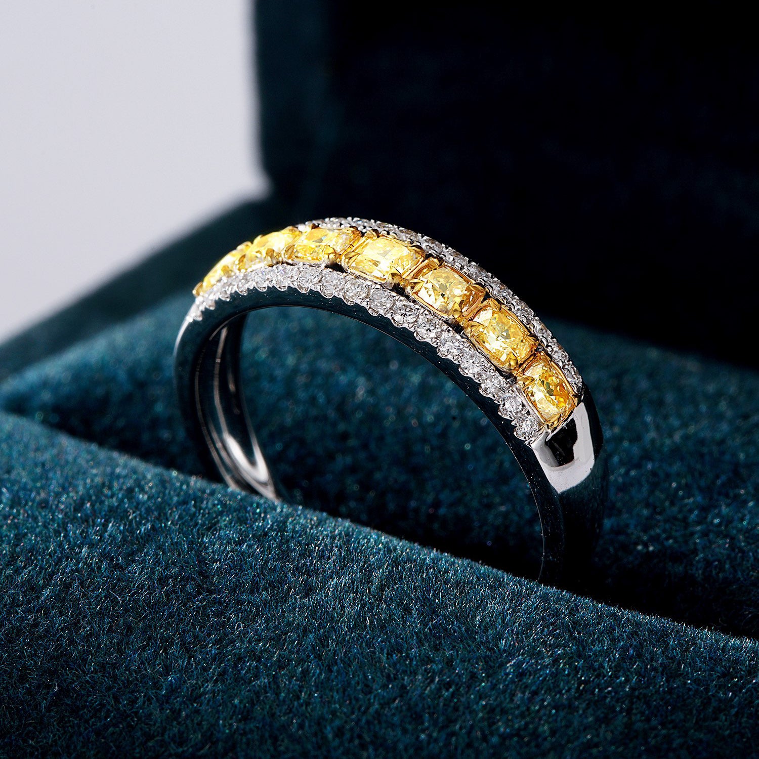 Yellow Diamond Channel Set Ring with White Diamond Accents -In-Box Display