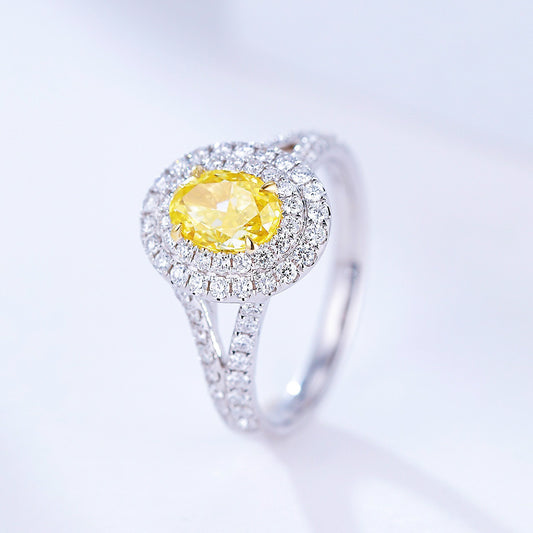 Oval Yellow Diamond Double Halo Engagement Ring with Split Shank