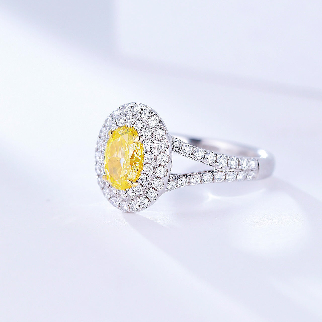 Oval Yellow Diamond Double Halo Engagement Ring with Split Shank -Top View