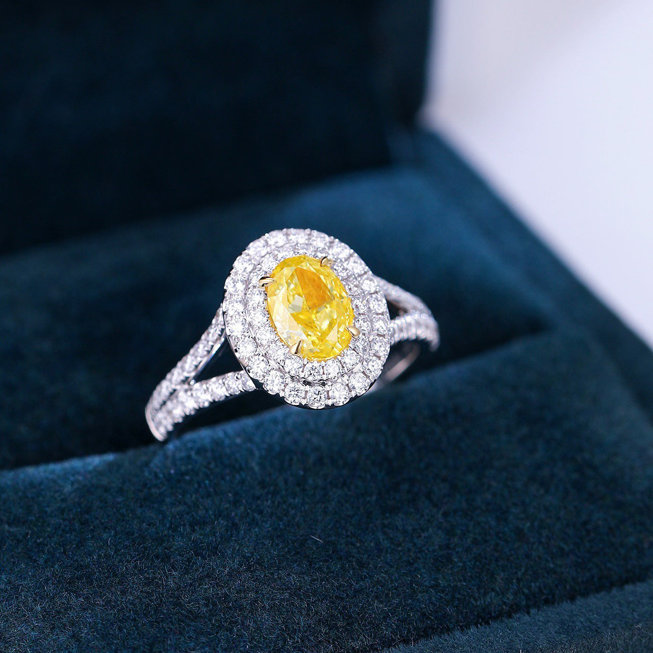 Oval Yellow Diamond Double Halo Engagement Ring with Split Shank -Perspective Close-up