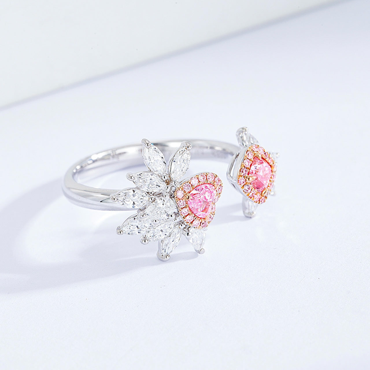 Open Floral Pink Diamond Ring with Marquise and Round Diamond Accents -Top View