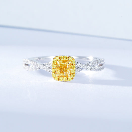 Elegant Cushion Cut Yellow Diamond Ring with Twisted Band Design