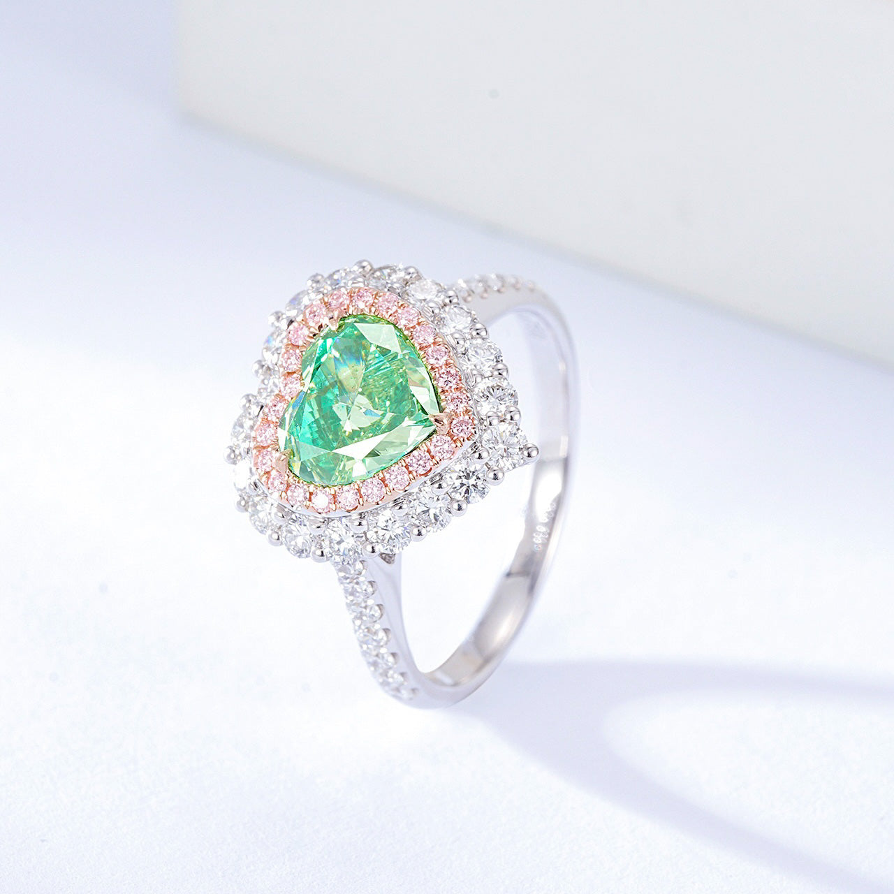 Heart Shaped Green Diamond Halo Engagement Ring with Pavé Setting -Side Angle