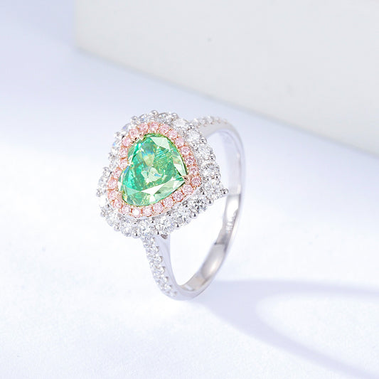Heart Shaped Green Diamond Halo Engagement Ring with Pavé Setting