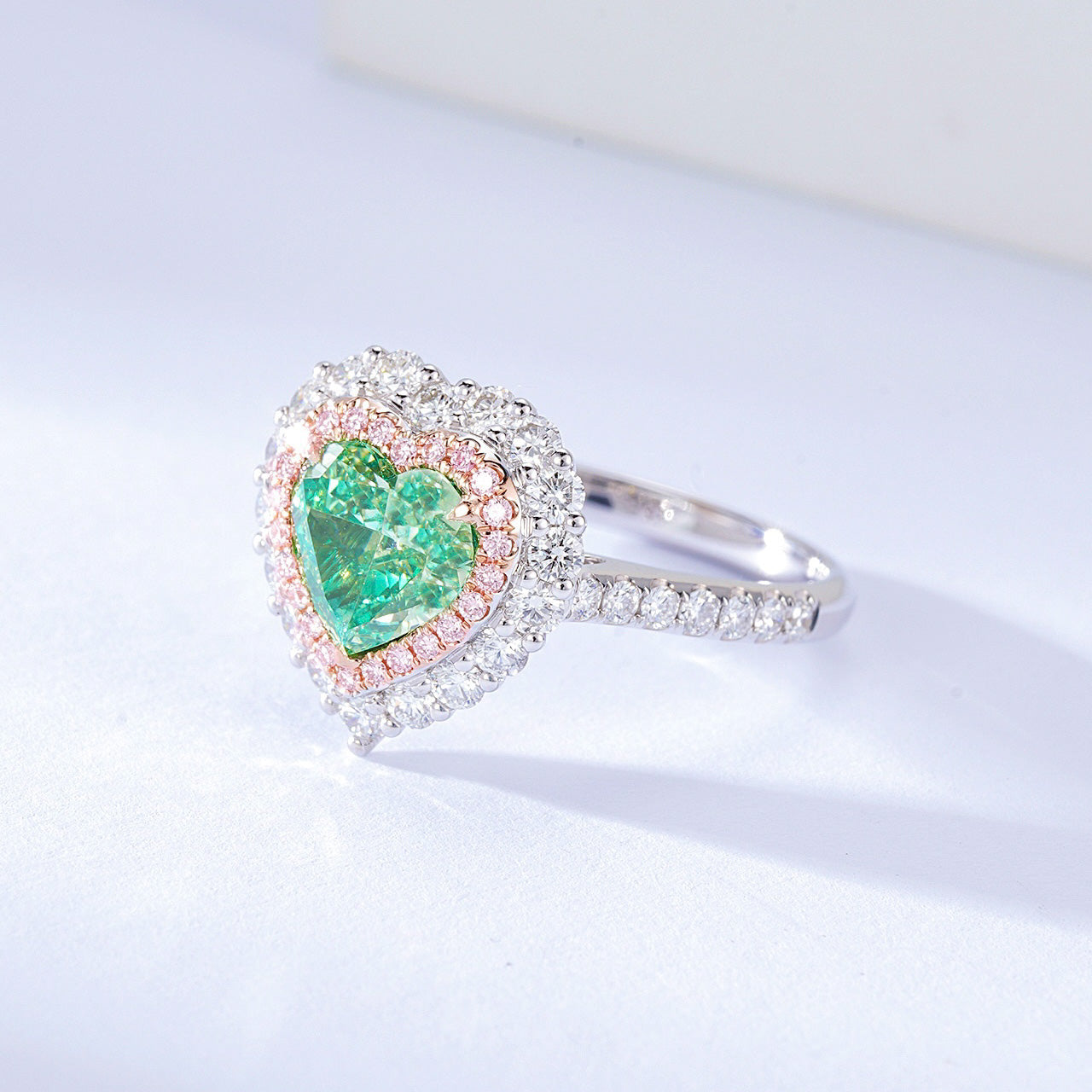 Heart Shaped Green Diamond Halo Engagement Ring with Pavé Setting -Top View