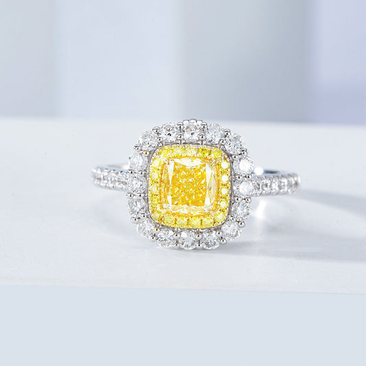 Cushion Cut Yellow Diamond Double Halo Engagement Ring with Pavé Band