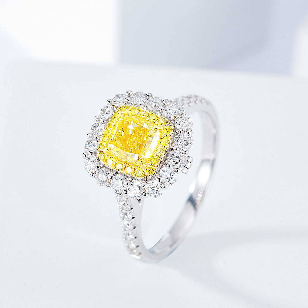Cushion Cut Yellow Diamond Double Halo Engagement Ring with Pavé Band -Side Angle