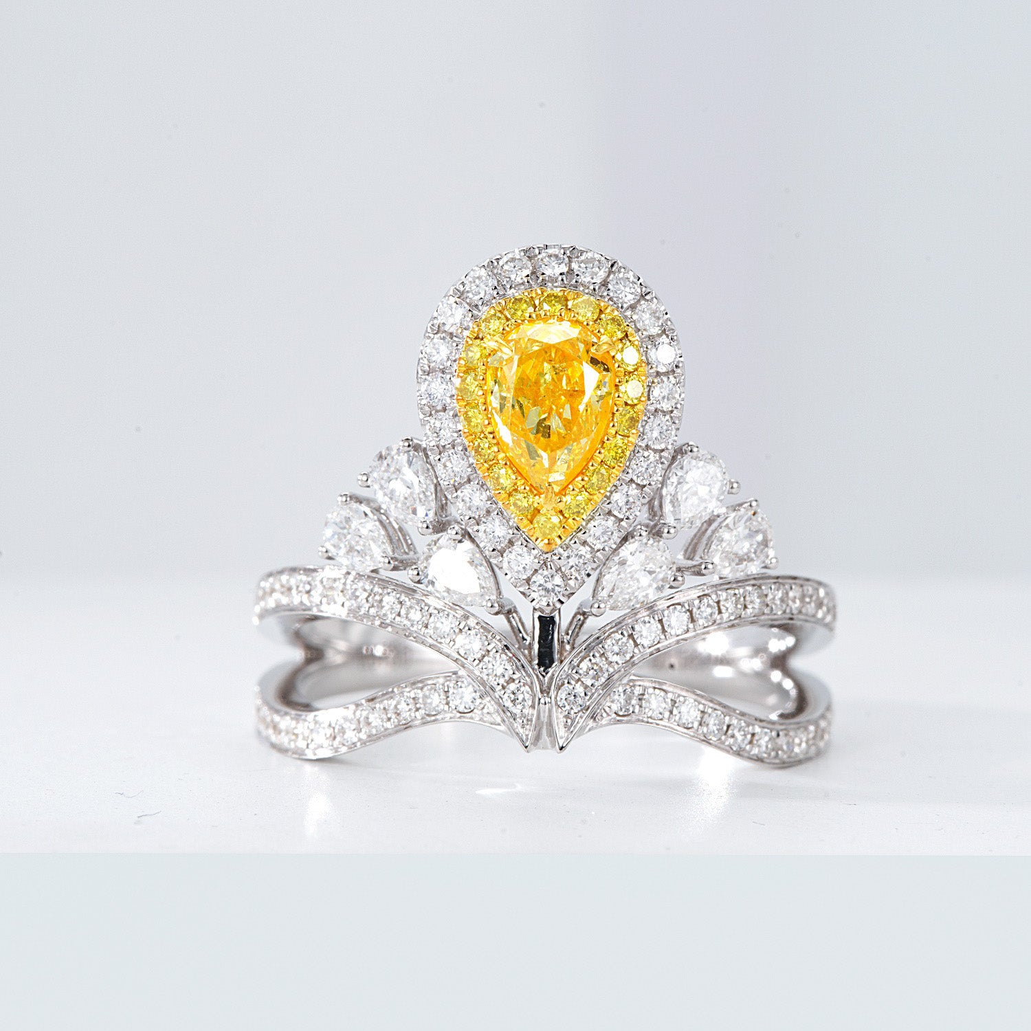 Pear Shaped Yellow Diamond Crown Design Ring with Double Halo -Front View