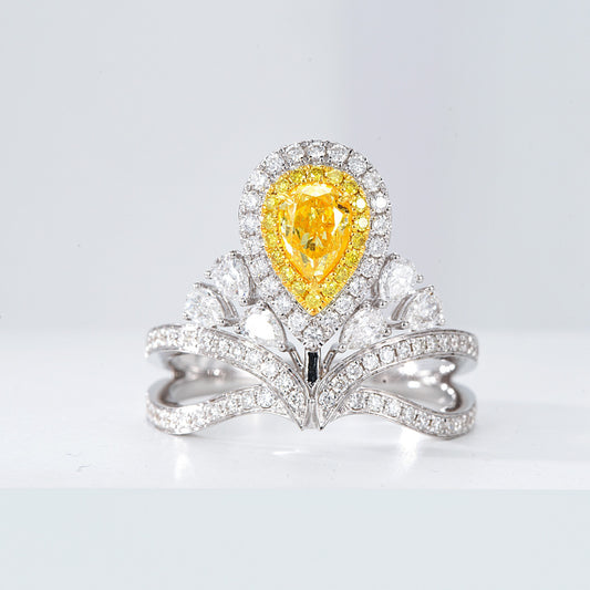 Pear Shaped Yellow Diamond Crown Design Ring with Double Halo