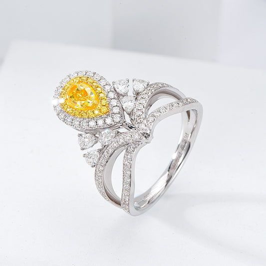 Pear Shaped Yellow Diamond Crown Design Ring with Double Halo