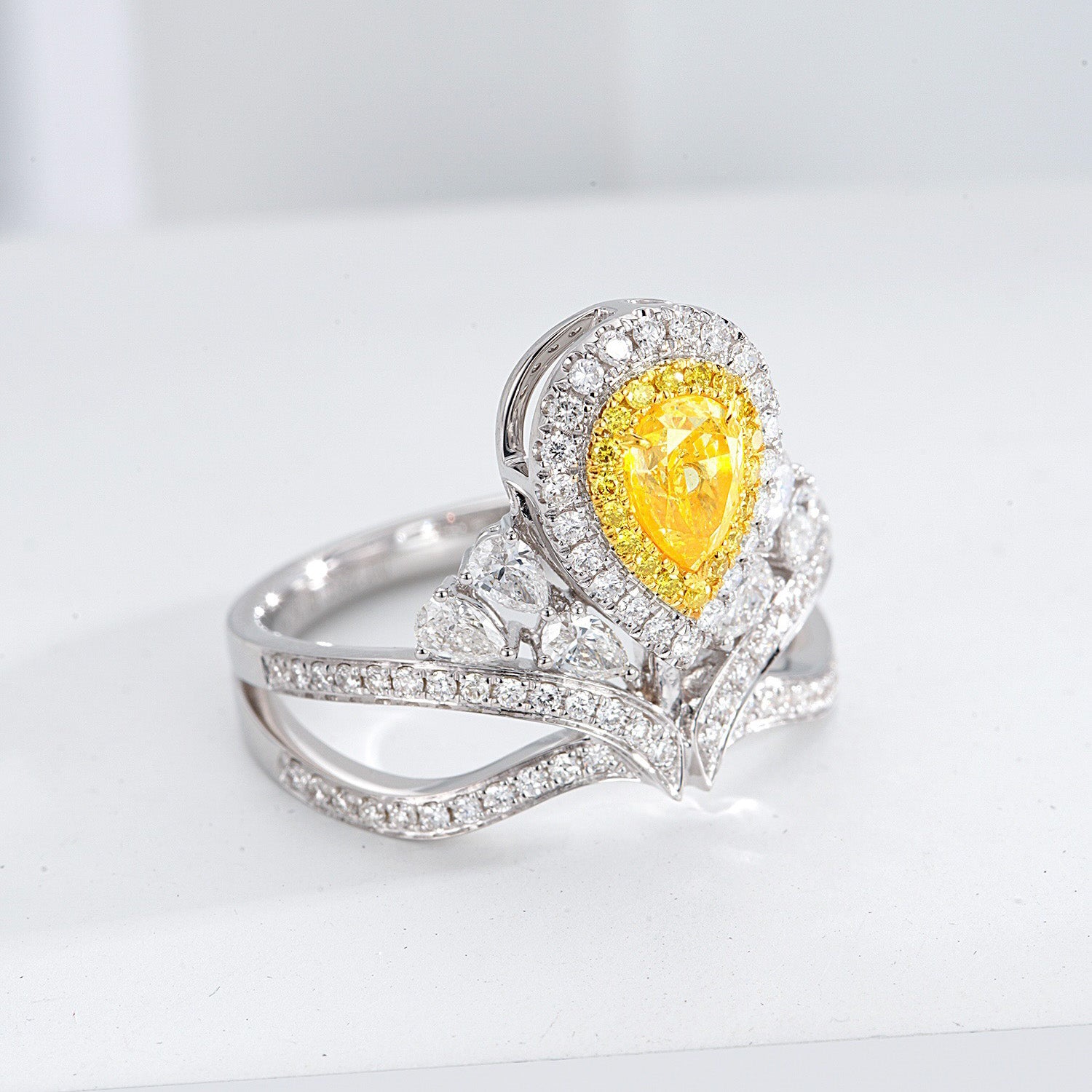 Pear Shaped Yellow Diamond Crown Design Ring with Double Halo -Top View