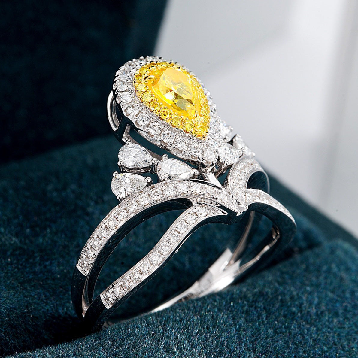 Pear Shaped Yellow Diamond Crown Design Ring with Double Halo -Perspective Close-up