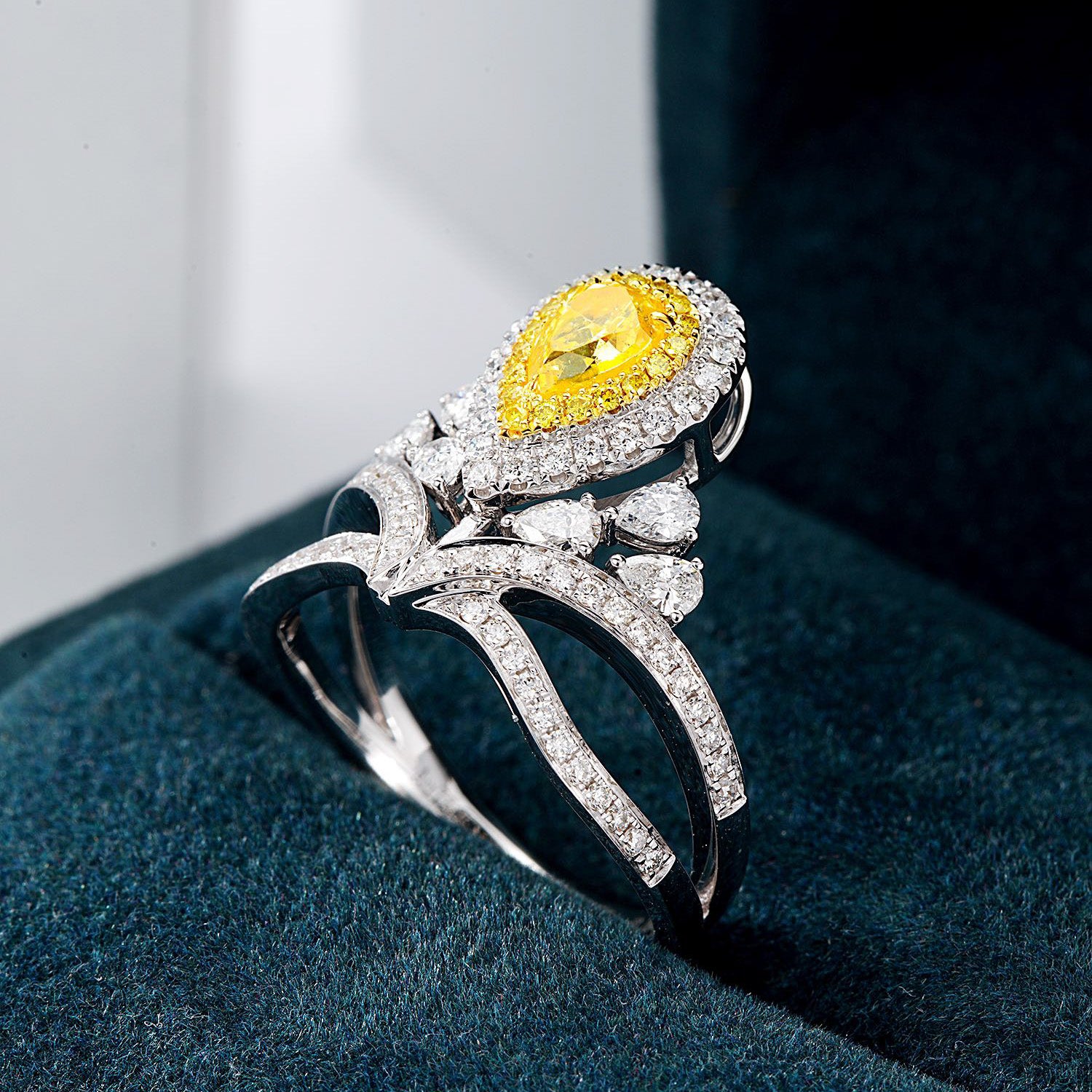 Pear Shaped Yellow Diamond Crown Design Ring with Double Halo -In-Box Display