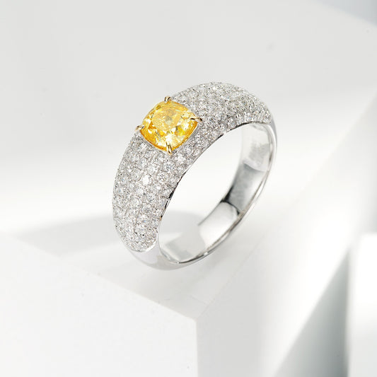 Cushion Cut Yellow Diamond Pavé Band Engagement Ring
