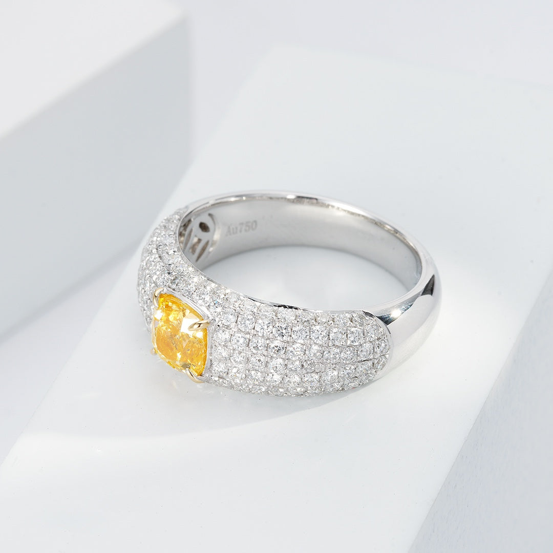 Cushion Cut Yellow Diamond Pavé Band Engagement Ring -Top View