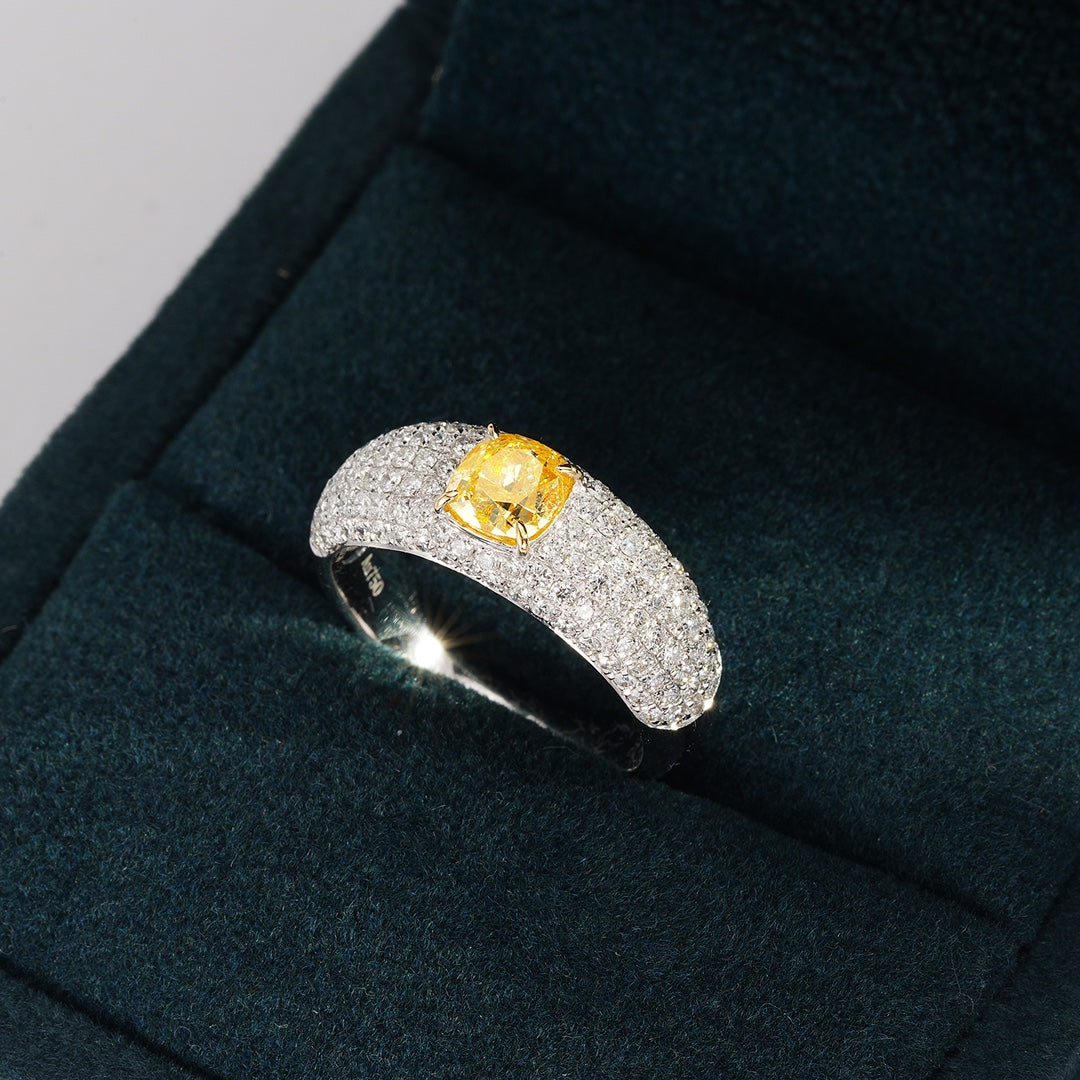 Cushion Cut Yellow Diamond Pavé Band Engagement Ring -Perspective Close-up