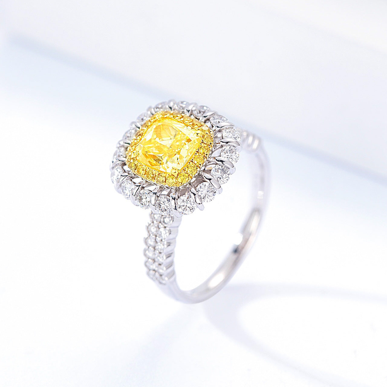 Cushion Cut Yellow Diamond Double Halo Engagement Ring with Pavé Accents -Side Angle