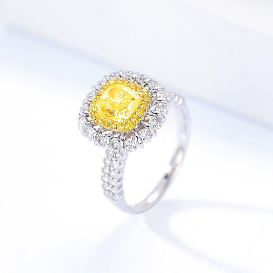 Cushion Cut Yellow Diamond Double Halo Engagement Ring with Pavé Accents