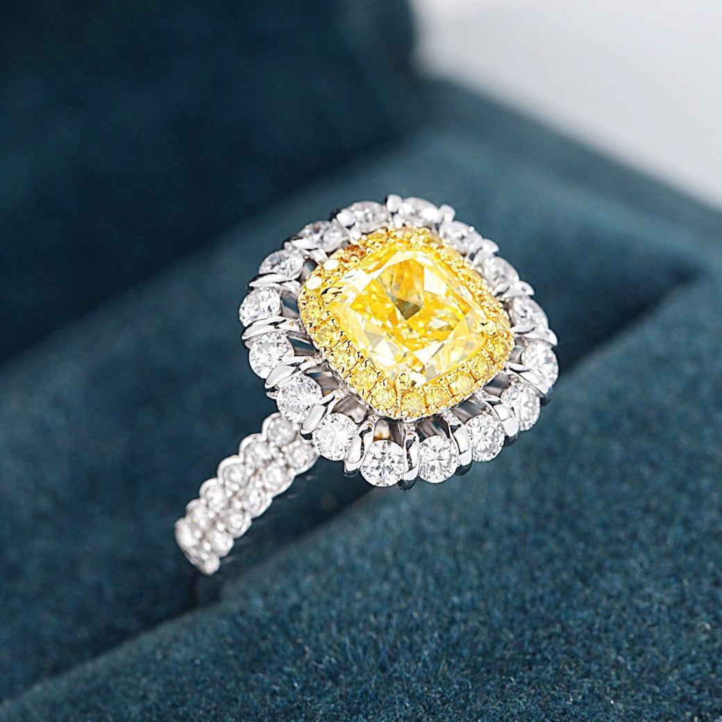 Cushion Cut Yellow Diamond Double Halo Engagement Ring with Pavé Accents -Perspective Close-up