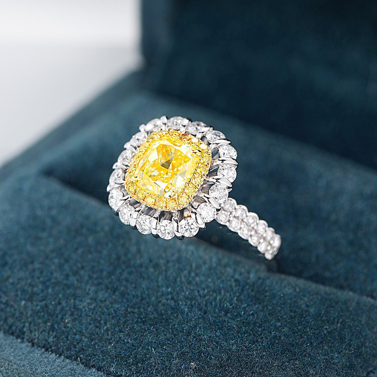 Cushion Cut Yellow Diamond Double Halo Engagement Ring with Pavé Accents -In-Box Display