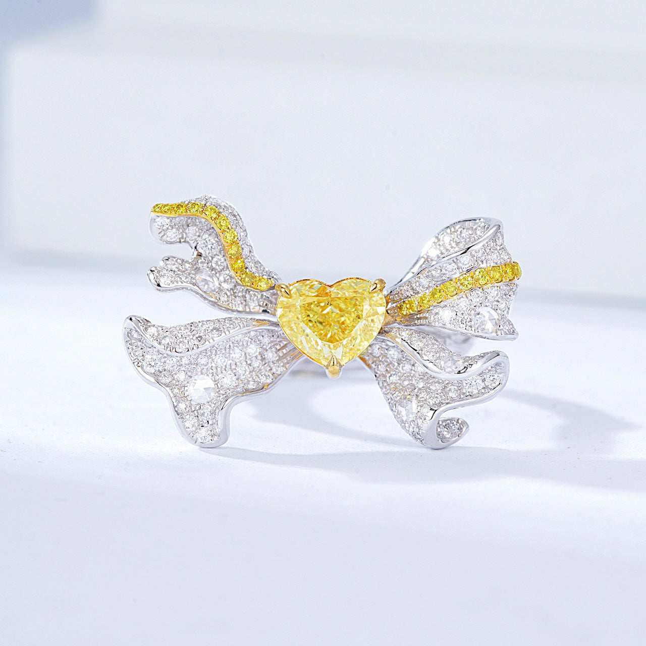 Heart Shaped Yellow Diamond Ring with Bow Design -Front View