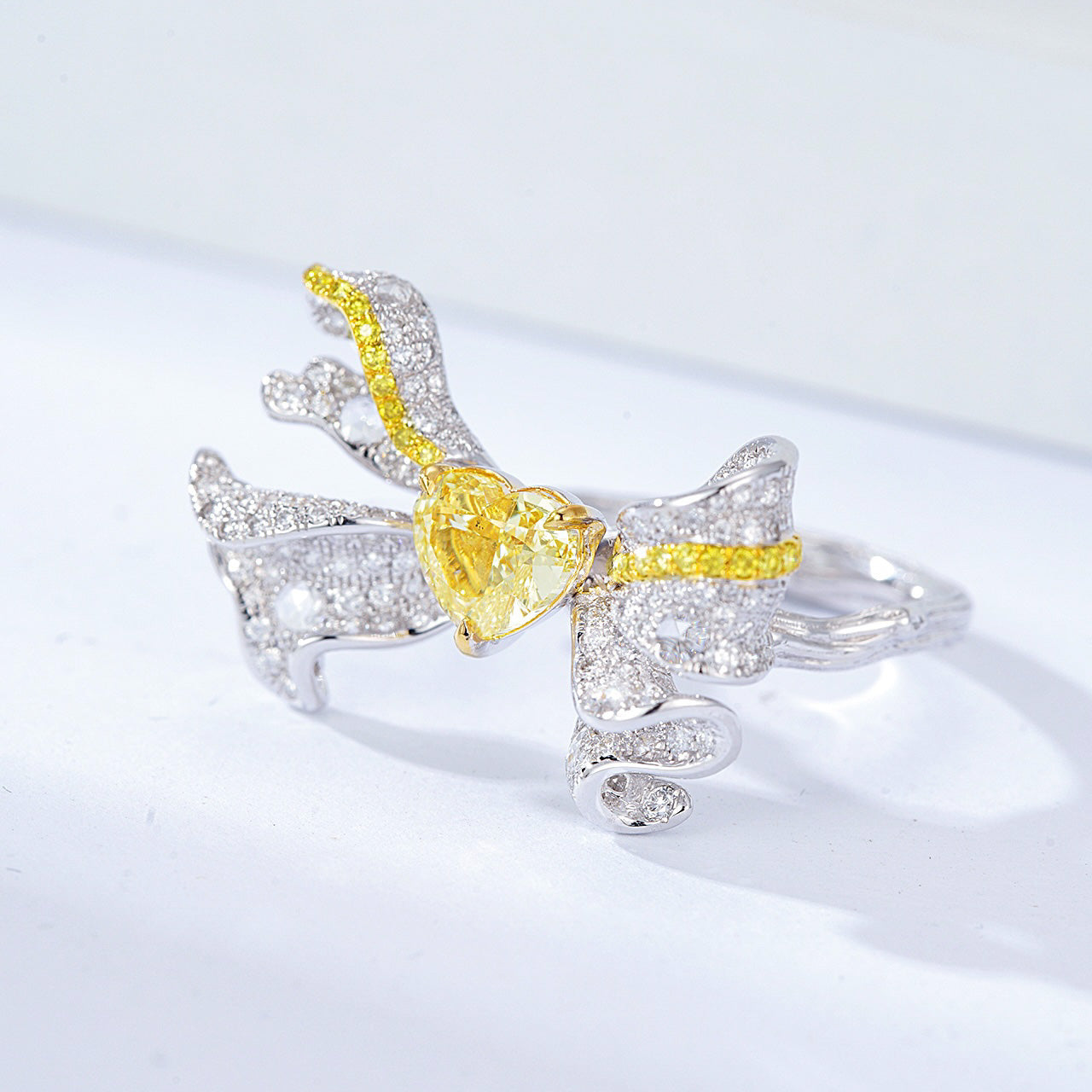 Heart Shaped Yellow Diamond Ring with Bow Design -Top View