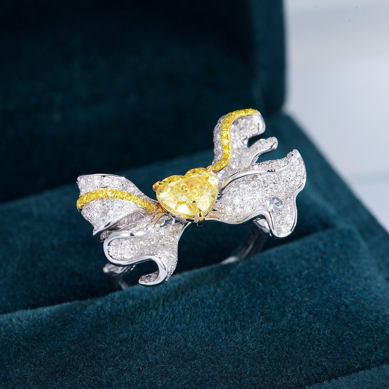 Heart Shaped Yellow Diamond Ring with Bow Design -Perspective Close-up