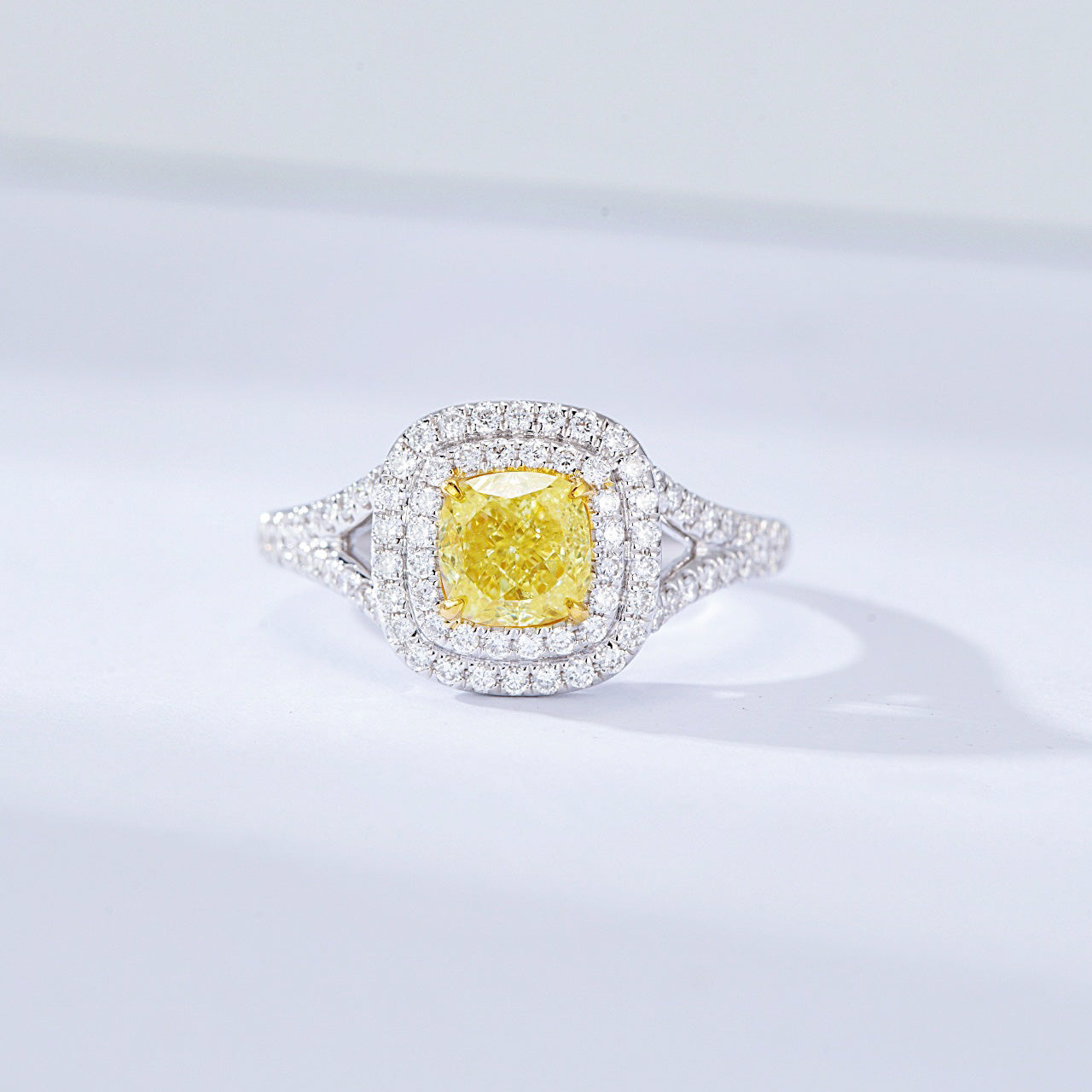 Cushion Cut Yellow Diamond Double Halo Engagement Ring with Split Shank -Front View
