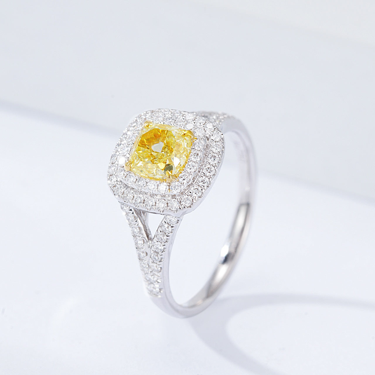 Cushion Cut Yellow Diamond Double Halo Engagement Ring with Split Shank -Side Angle