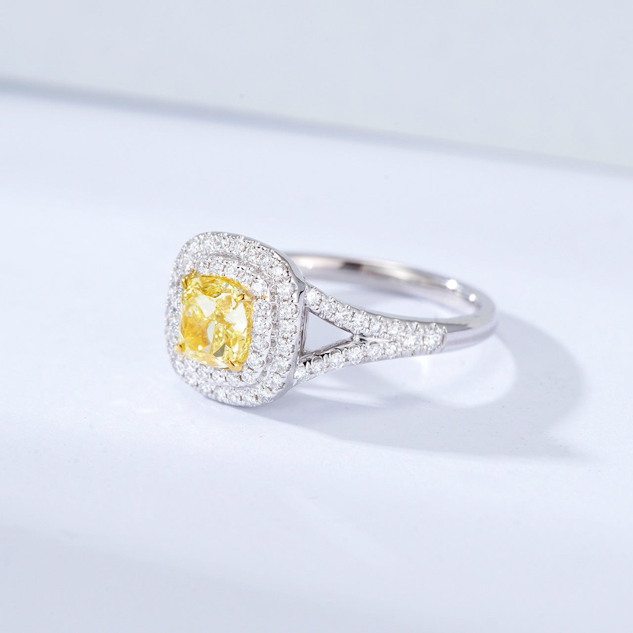 Cushion Cut Yellow Diamond Double Halo Engagement Ring with Split Shank -Top View