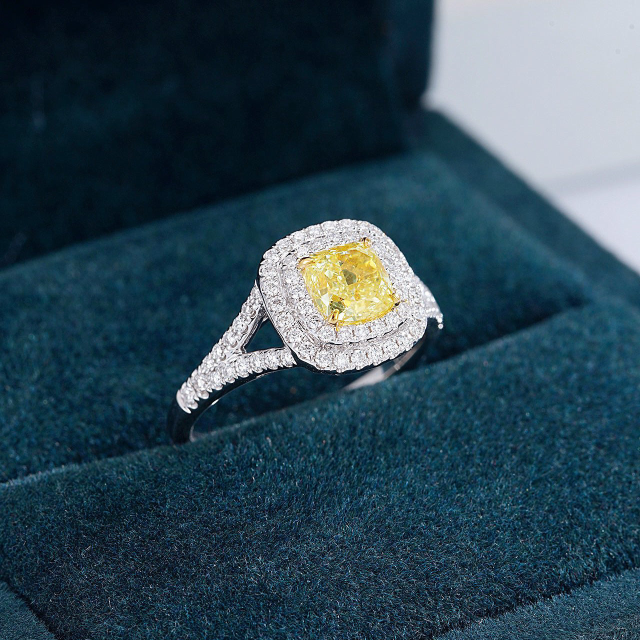 Cushion Cut Yellow Diamond Double Halo Engagement Ring with Split Shank -Perspective Close-up