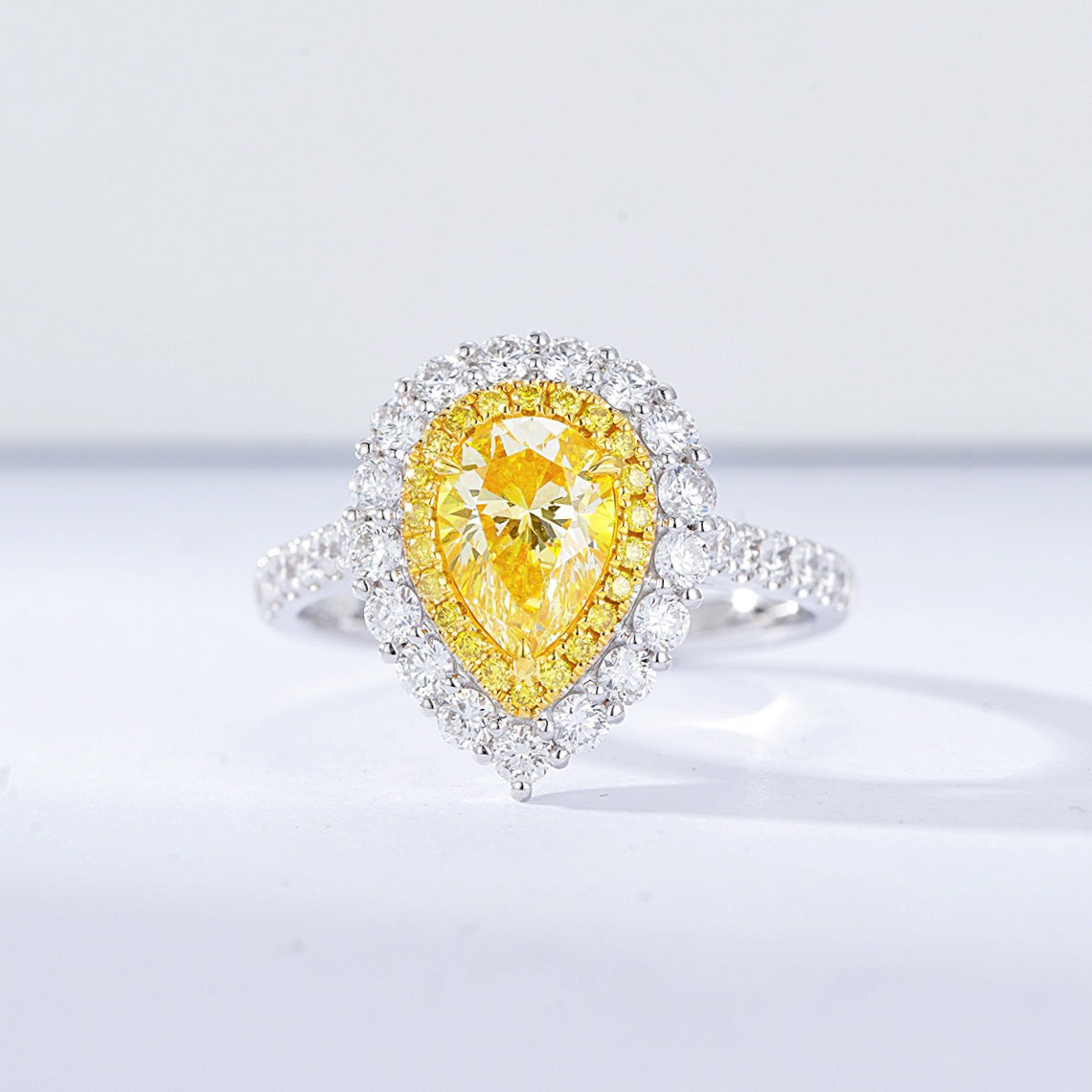 Pear Shaped Yellow Diamond Double Halo Engagement Ring with Pavé Band -Front View