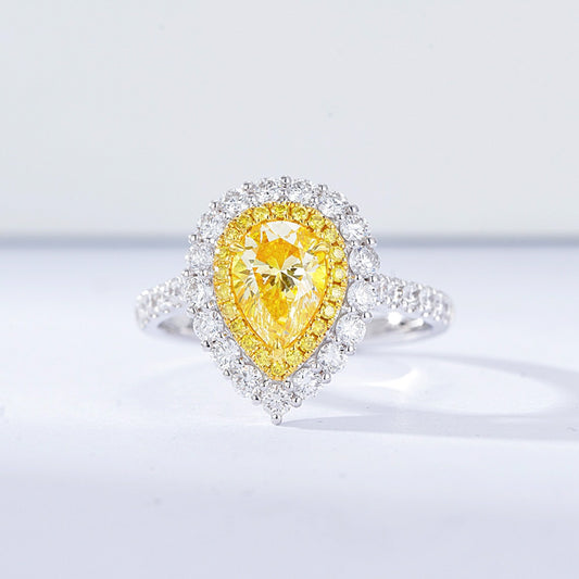 Pear Shaped Yellow Diamond Double Halo Engagement Ring with Pavé Band