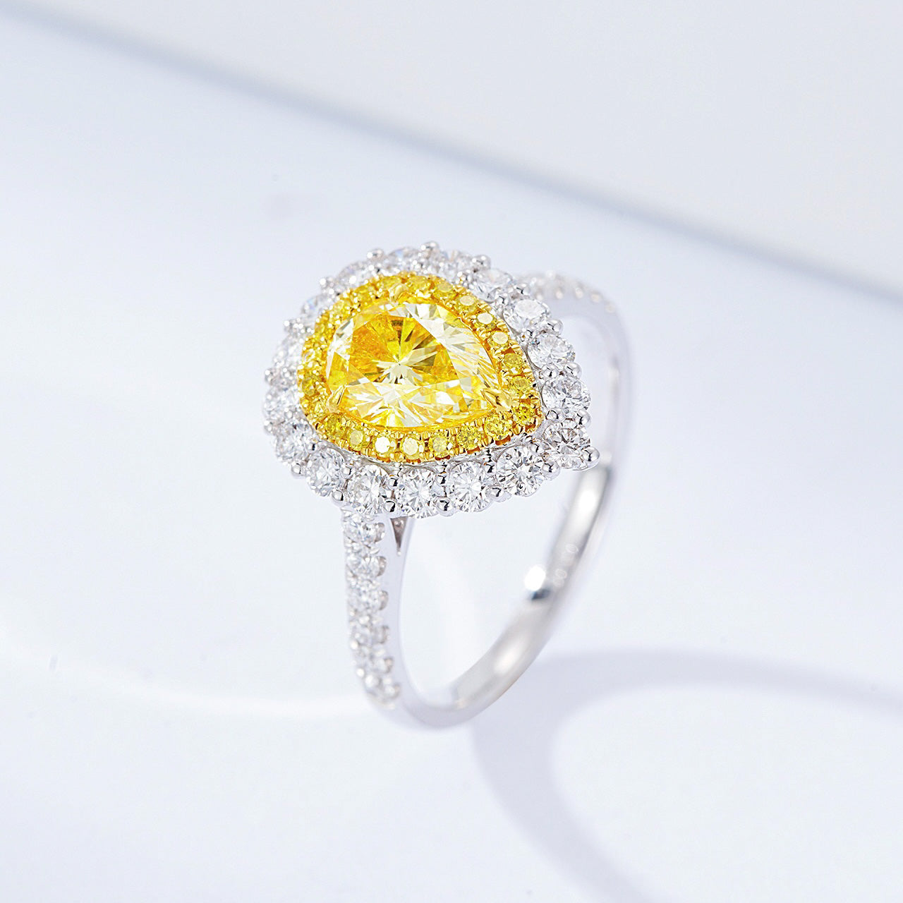 Pear Shaped Yellow Diamond Double Halo Engagement Ring with Pavé Band -Side Angle