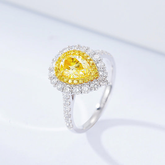 Pear Shaped Yellow Diamond Double Halo Engagement Ring with Pavé Band