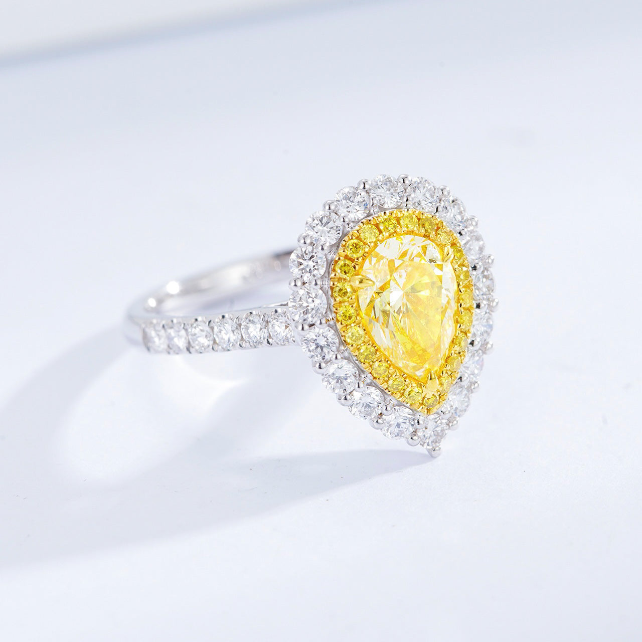 Pear Shaped Yellow Diamond Double Halo Engagement Ring with Pavé Band -Top View